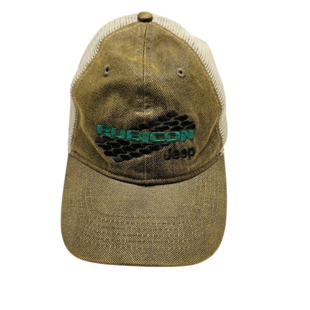 Jeep Rubicon Trucker Cap Hat Mesh Oil Finish Mesh Strapback Promo Logo Tan